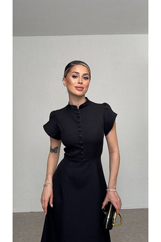Düğmeli Midi Elbise - Siyah - EU3201
