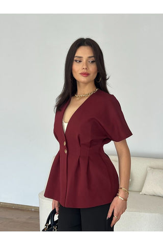 Belden Oturtmalı Kısa Kol Düğmeli Kadın Ceket