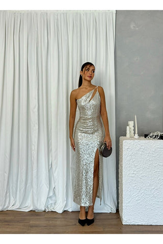 Tek Kol Pul Payetli Uzun Boy Astarlı Yırtmaçlı Özel Gün Kadın Crystal Elbise