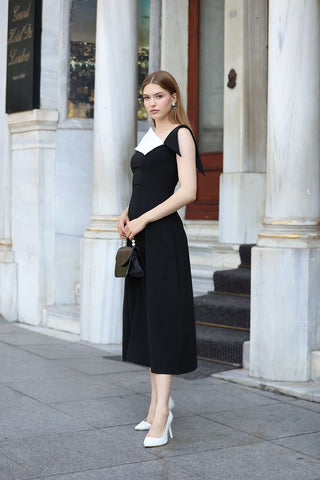 Göğüs Parça Detaylı Midi Elbise