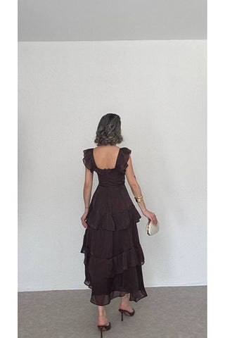 Fırfırlı Organze Elbise-Kahverengi-EU3193