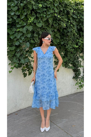 Desenli Eteği Fırfırlı Midi Boy Kadın Elbise