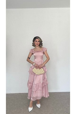 Fırfırlı Organze Elbise-Pembe-EU3193