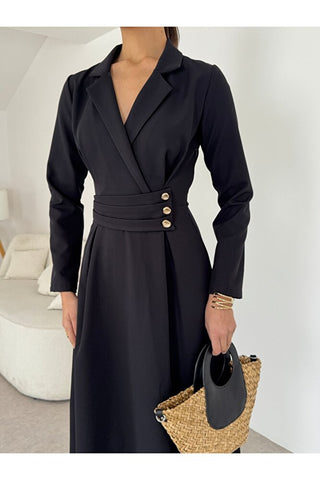Kruvaze yaka düğme detaylı kadın uzun boy elbise