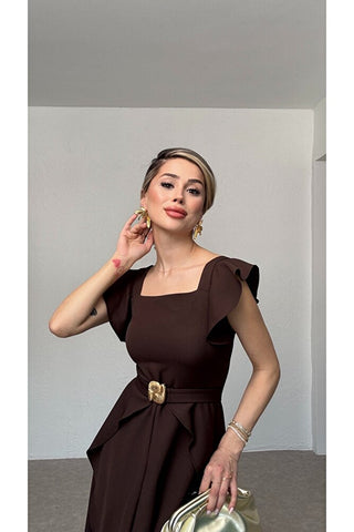 Kuşaklı Fırfırlı Uzun Elbise-Kahverengi-EU3191
