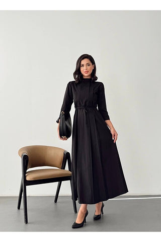 Kadın Pile Detaylı Uzun Boy Kuşaklı Özel Gün Günlük Elbise