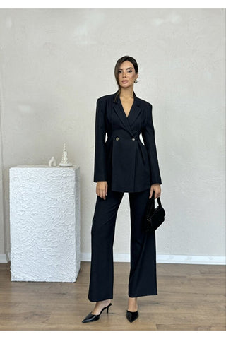 Belden Oturan Uzun Kol Uzun Boy Astarlı Ceket Pantolon Günlük Klasik Şık Kadın Takım