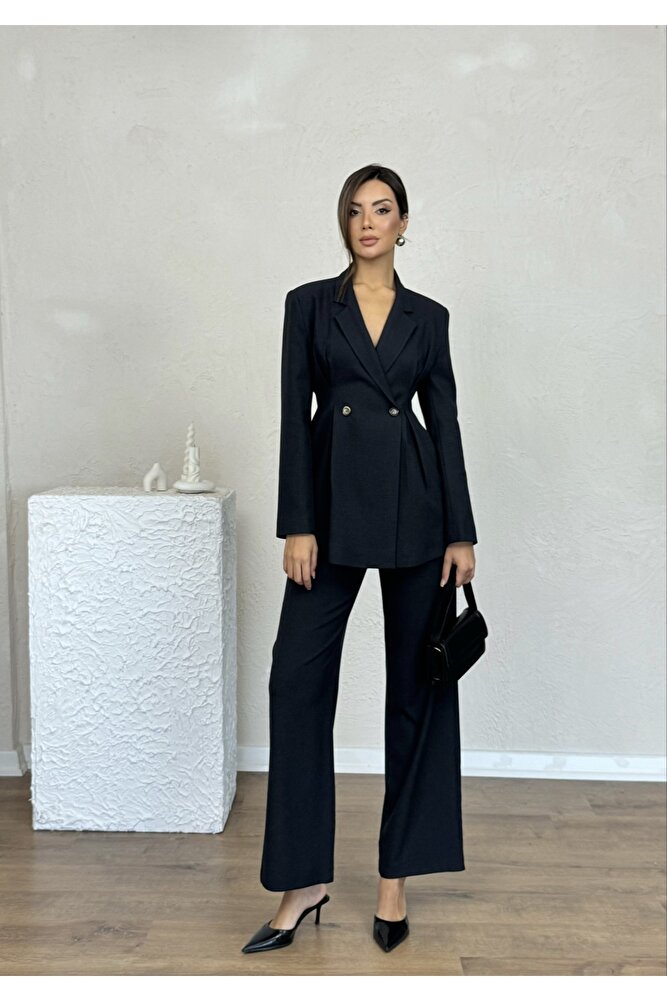 Belden Oturan Uzun Kol Uzun Boy Astarlı Ceket Pantolon Günlük Klasik Şık Kadın Takım