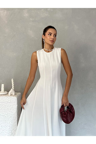 Biyeli Uzun Belden Aşağı Çan İnen Kolsuz Şık Günlük Kadın Elbise