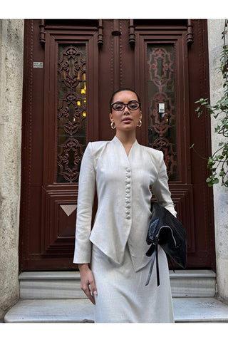Kadın Klasik Ceket Etek Takım - Krem