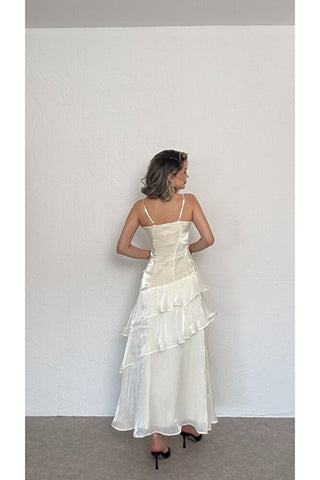 Volanlı Askılı Elbise-Krem-EU3196