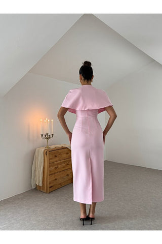 Pelerinli Straplez Uzun Boy Kadın Regina Elbise-Pembe-EU3153