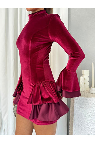 Fırfırlı Etek Volanlı Kol Yüksek Yaka Kadife Mini Kadın Midnight Flair Elbise