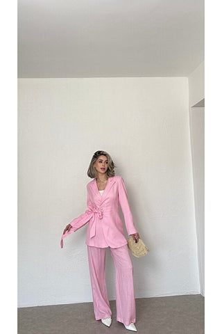 BEL DETAYLI CEKET- PANTOLON-Pembe