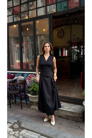 V Yaka Kolsuz Belden Oturan Atlas Maxi Kadın Günlük Özel Gün Elbise