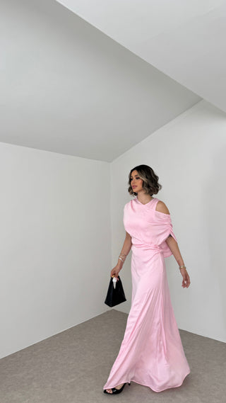 Şal Detaylı Uzun Boy Elbise-Pembe -EU3184