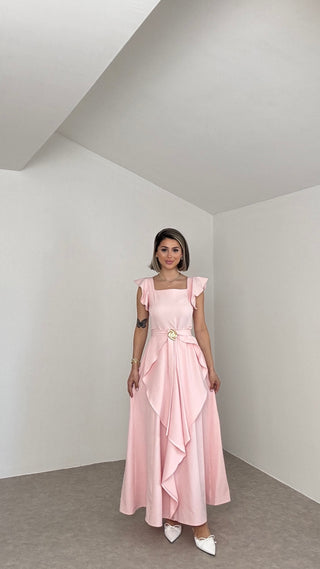Kuşaklı Fırfırlı Uzun Elbise-Pembe-EU3191