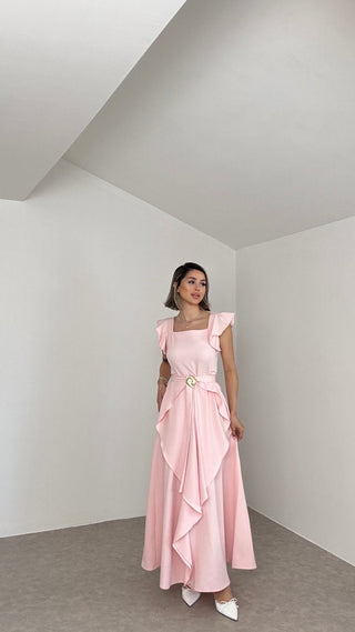 Kuşaklı Fırfırlı Uzun Elbise-Pembe-EU3191
