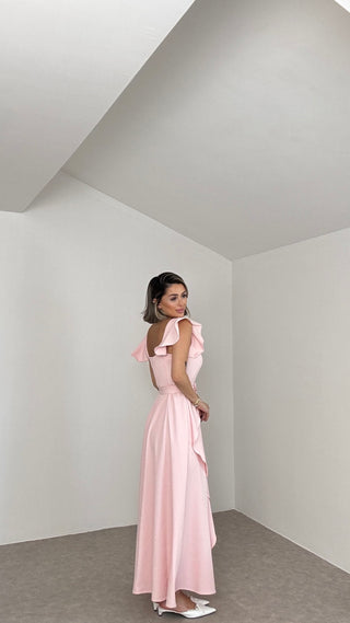 Kuşaklı Fırfırlı Uzun Elbise-Pembe-EU3191