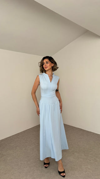 V Yaka Kloş Elbise-Mavi -EU3127