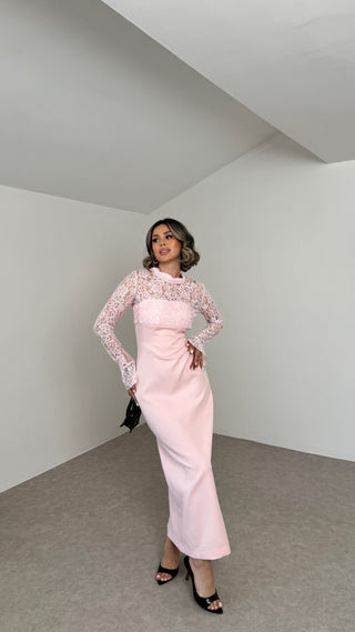 Grace Dantel Detaylı Midi Elbise - Pembe - EU3219
