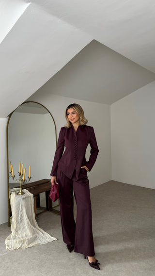 Vatkalı Düğmeli Ceket Pantolon Takım - Bordo - EU8070