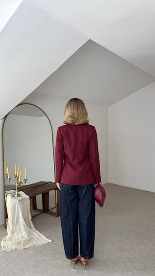 Fletolu Astarlı Slim Blazer Ceket-Mürdüm -EU8063