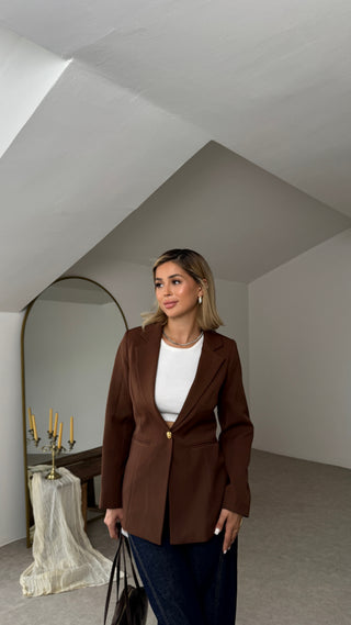 Fletolu Astarlı Slim Blazer Ceket-Kahve -EU8063