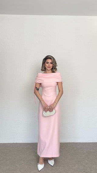 Çıkarılabilir Şallı Uzun Elbise-Pembe-EU3197