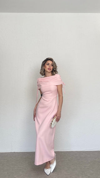 Çıkarılabilir Şallı Uzun Elbise-Pembe-EU3197