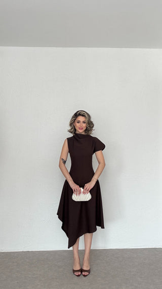 Asimetrik Yaka Midi Elbise-Kahverengi-EU3169