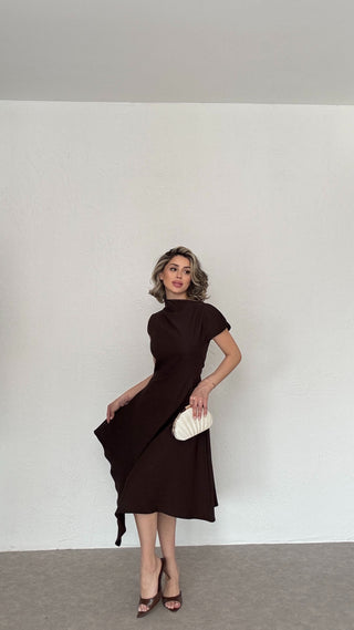 Asimetrik Yaka Midi Elbise-Kahverengi-EU3169