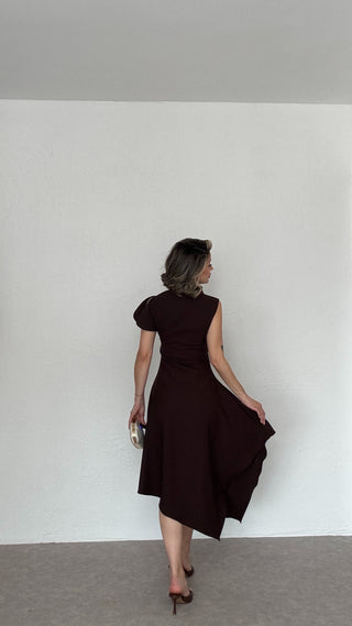 Asimetrik Yaka Midi Elbise-Kahverengi-EU3169