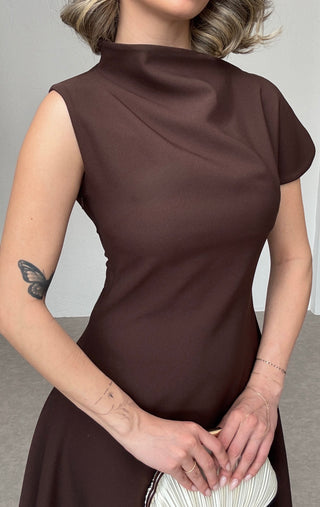 Asimetrik Yaka Midi Elbise-Kahverengi-EU3169