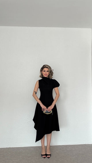 Asimetrik Yaka Midi Elbise-Siyah-EU3169