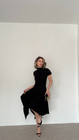 Asimetrik Yaka Midi Elbise-Siyah-EU3169