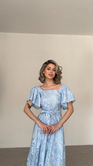 Jakarlı Tül Elbise-Mavi -EU3189