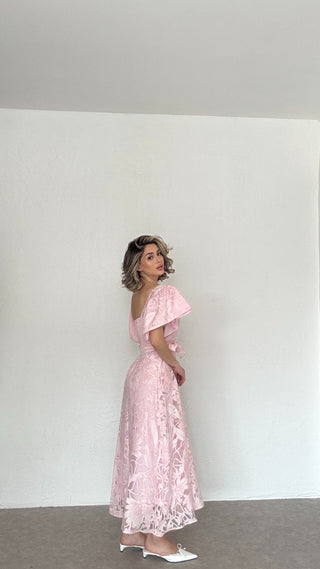Jakarlı Tül Elbise-Pembe-EU3189