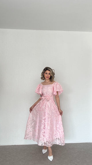 Jakarlı Tül Elbise-Pembe-EU3189