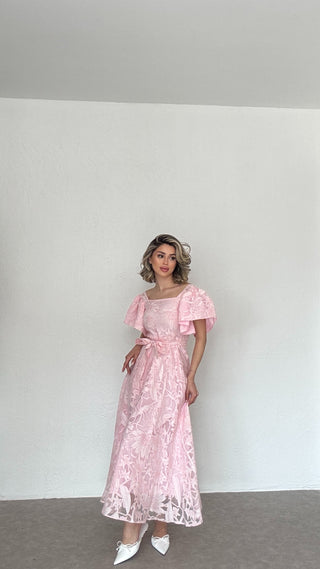 Jakarlı Tül Elbise-Pembe-EU3189