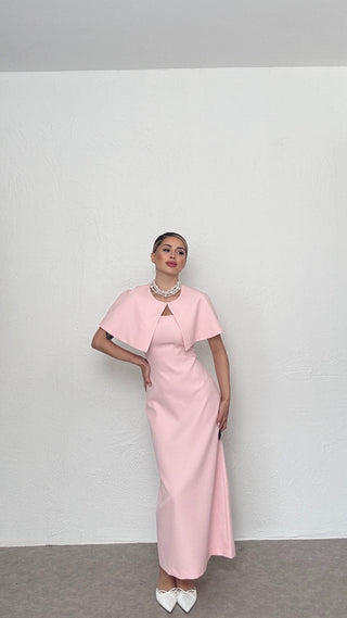 Pelerinli Straplez Uzun Boy Kadın Regina Elbise-Pembe-EU3153
