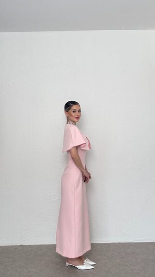 Pelerinli Straplez Uzun Boy Kadın Regina Elbise-Pembe-EU3153