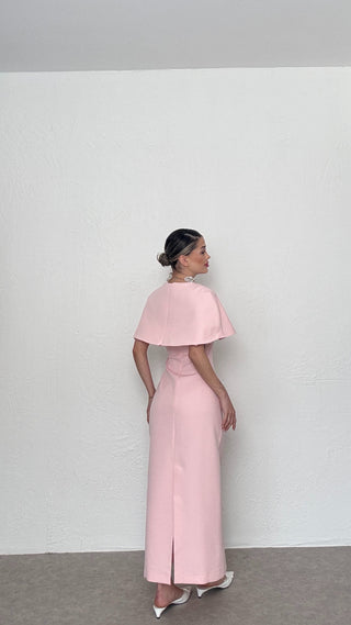 Pelerinli Straplez Uzun Boy Kadın Regina Elbise-Pembe-EU3153