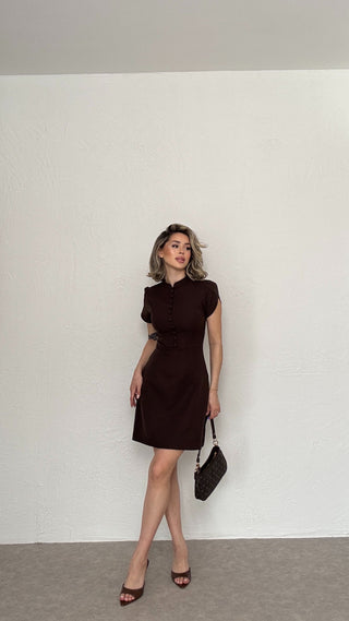 Puff Omuz Mini Amelia Elbise-Kahverengi-EU3154