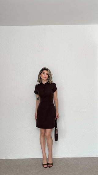 Puff Omuz Mini Amelia Elbise-Kahverengi-EU3154